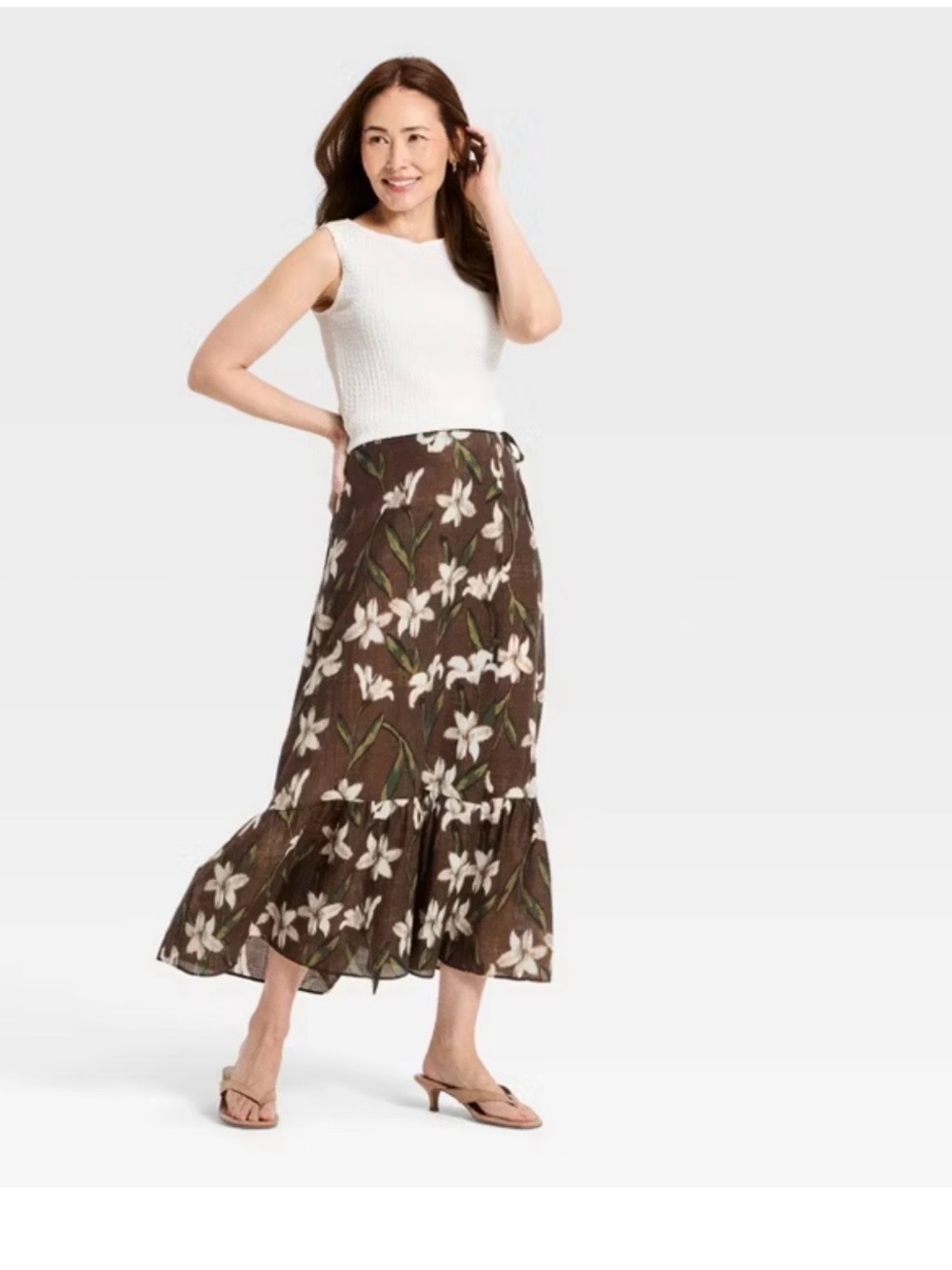 Brown Floral Maxi Skirt with White Flowers